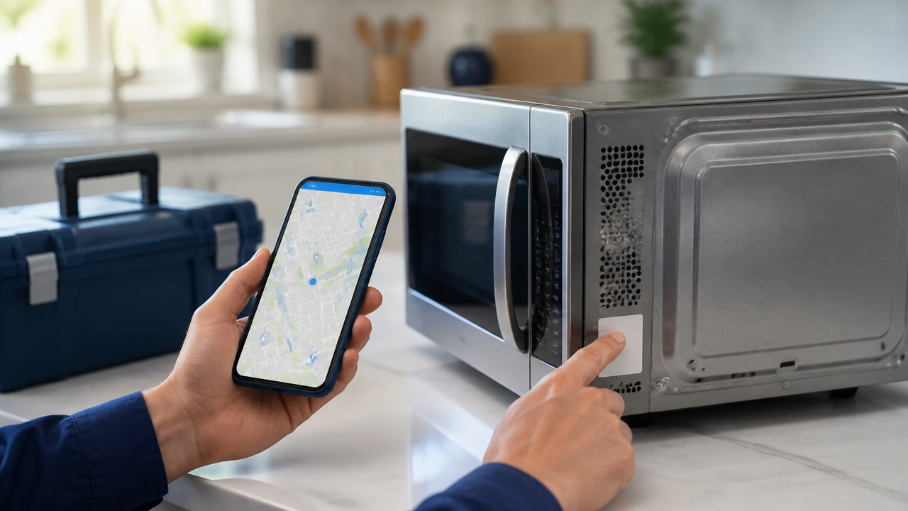 Celular com mapa e etiqueta de modelo de eletrodoméstico usada para localizar assistência por cidade e bairro