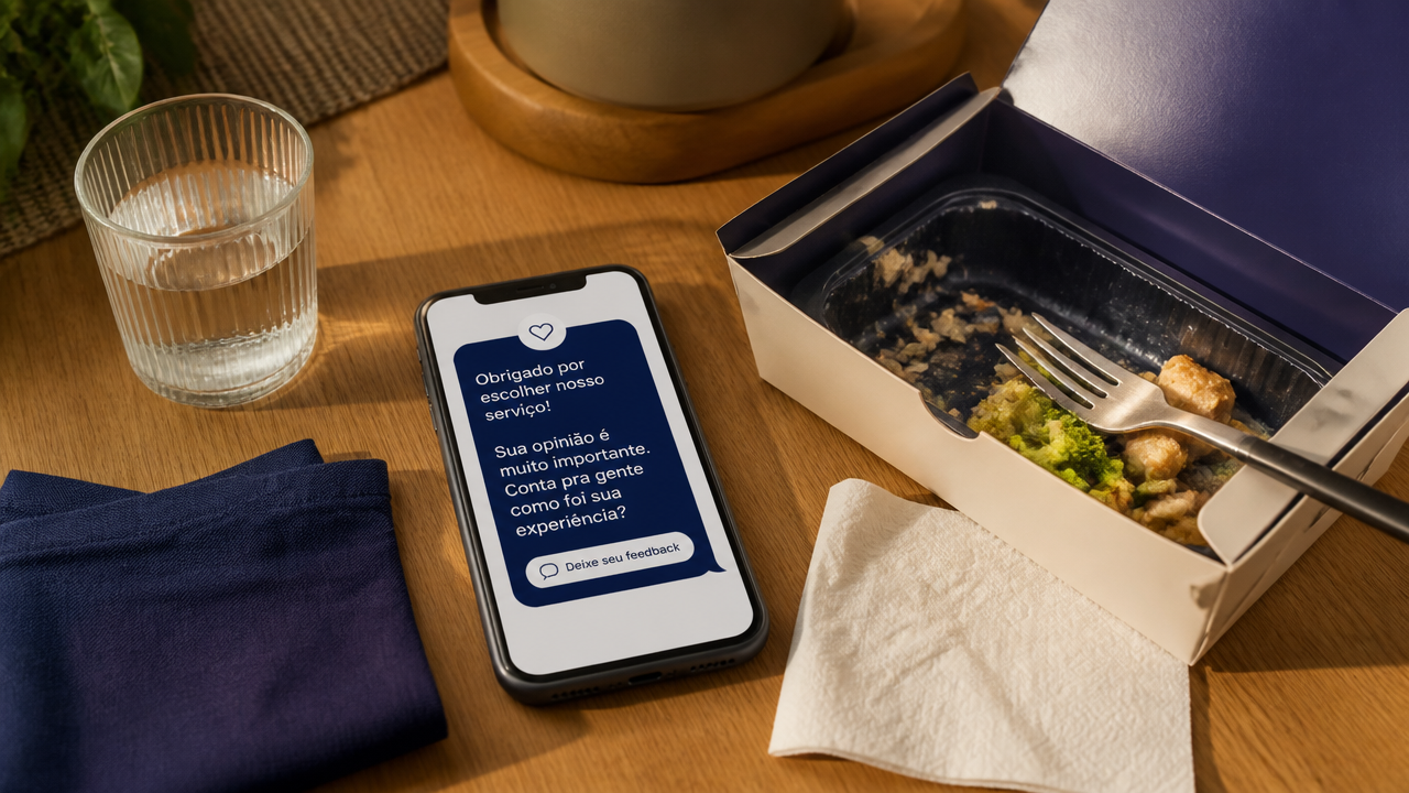 Celular com mensagem de pós-venda ao lado de uma refeição de delivery já recebida pelo cliente