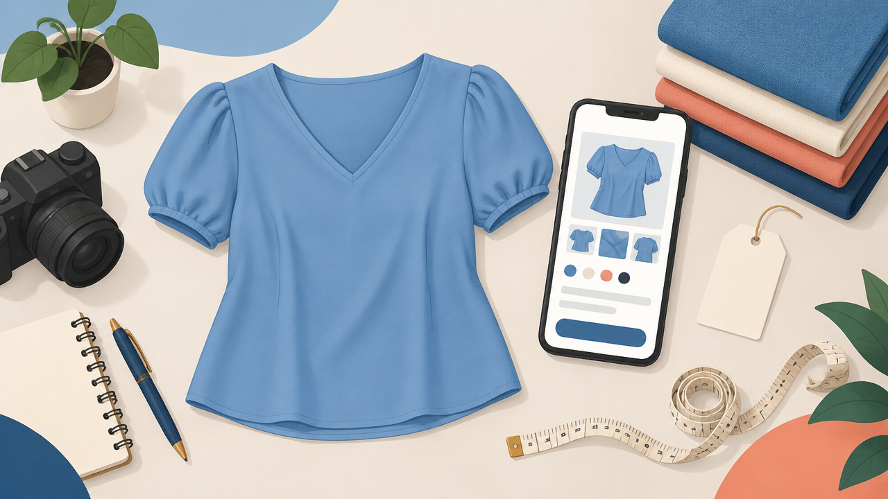 Celular com página de produto de moda junto a fita métrica e amostras de tecido