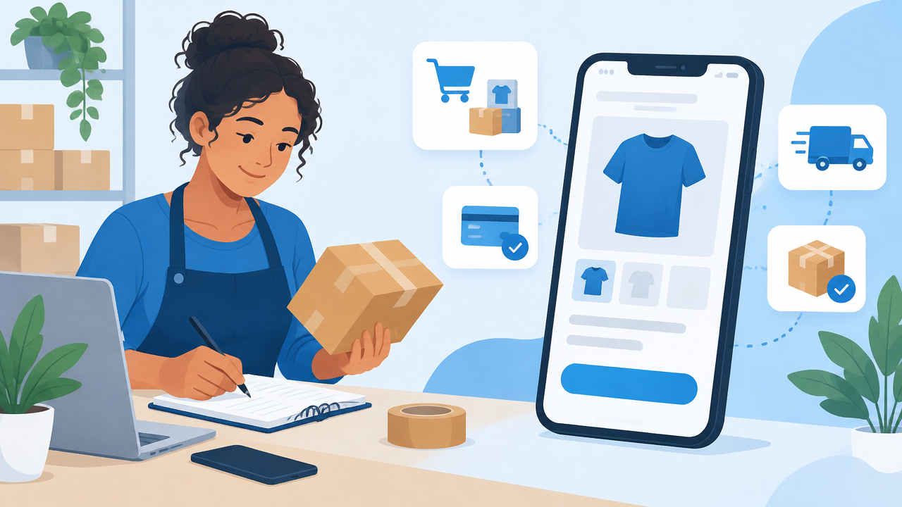 Celular com página genérica de produto ao lado de ícones de catálogo, pagamento, entrega e teste do pedido.