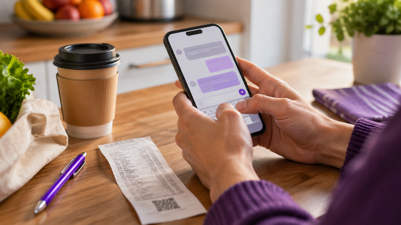 Celular e recibo sobre a mesa ilustram o registro manual de uma compra