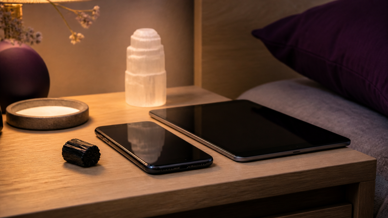 Celular e tablet em mesa com pedras de proteção posicionadas ao lado