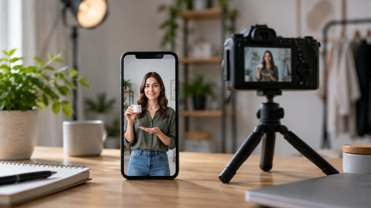 Cell phone in vertical position next to a camera, illustrating the ratio and framing of a 9:16 video