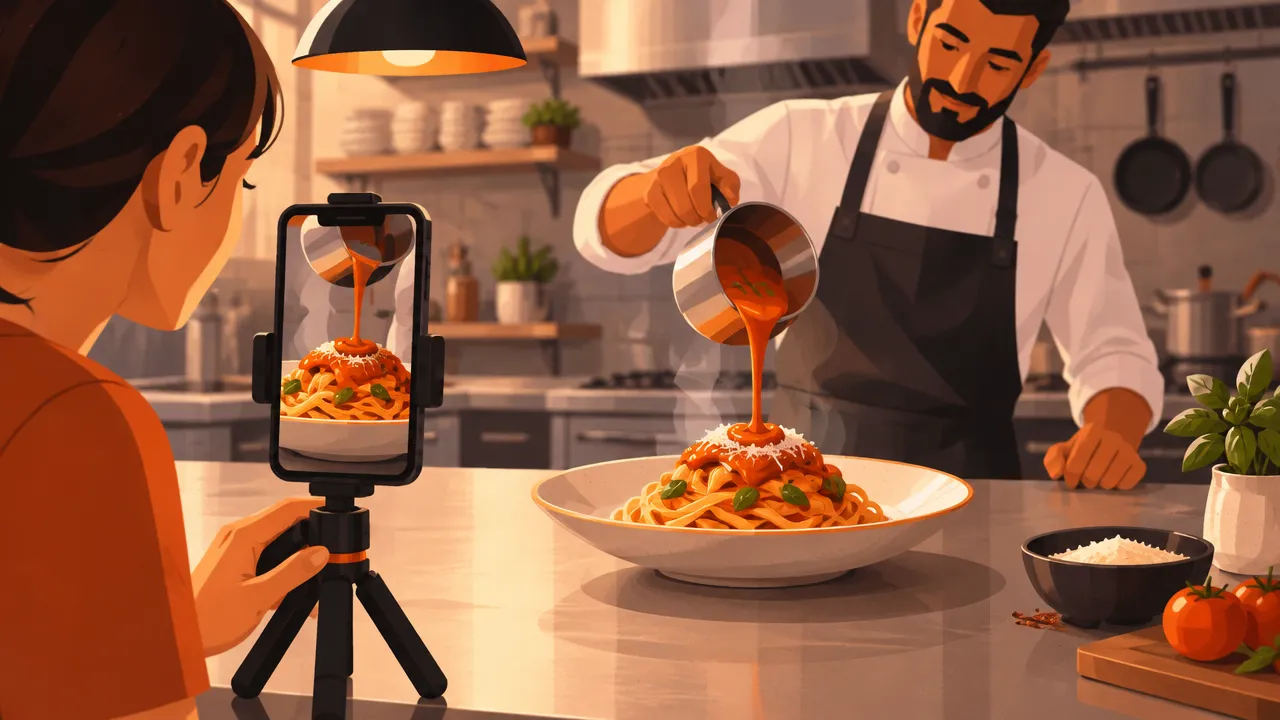 Celular em tripé filma o preparo de um prato de massa na cozinha de um restaurante