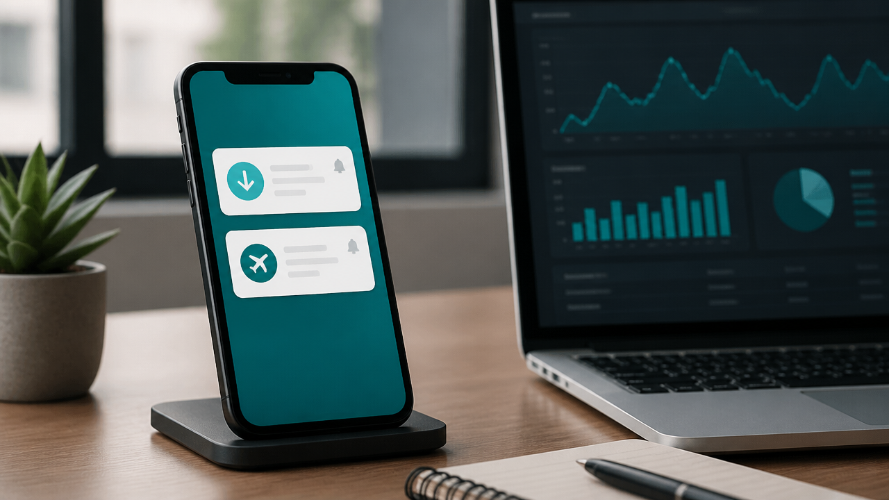 Celular exibindo alertas de viagem ao lado de notebook com comparação de tarifas