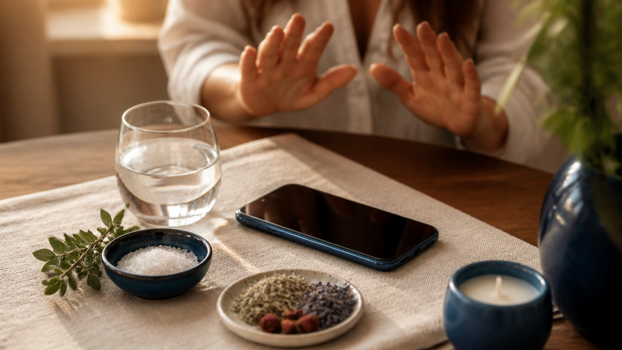 Celular sobre mesa com água, sal e ervas em um ritual caseiro de limpeza energética e desapego digital