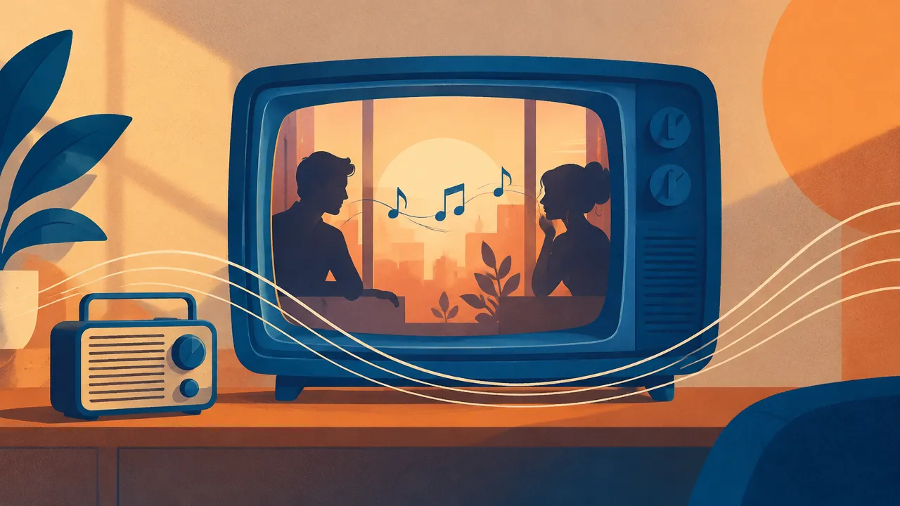 Cena fictícia na televisão conectada por notas musicais, mostrando como a trilha identifica personagens e emoções