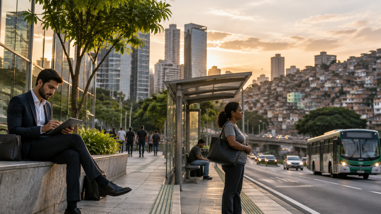 Cena urbana mostrando pessoas com acesso desigual às oportunidades criadas pelo progresso