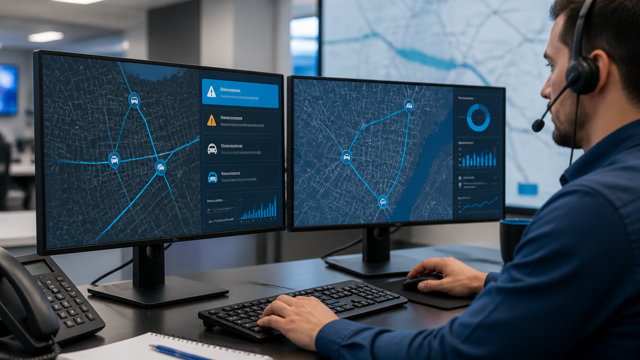 Central de operações acompanhando veículos em tempo real em telas com mapas