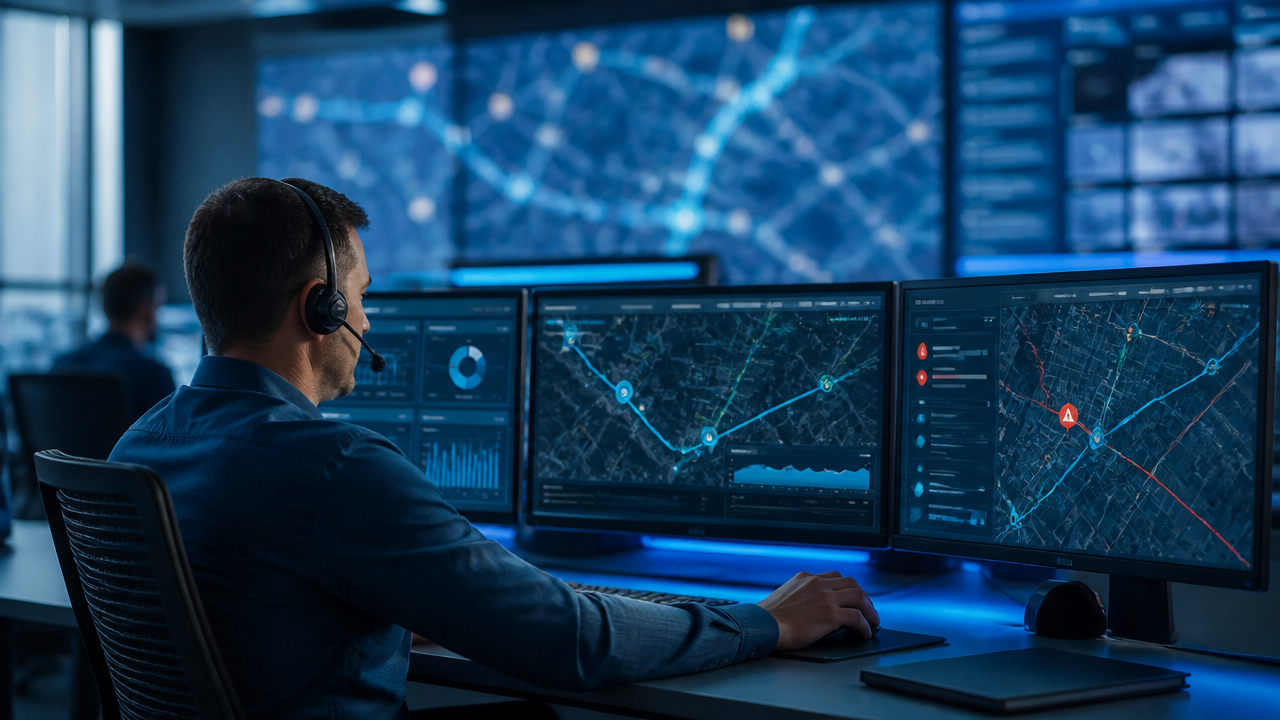 Central de operações monitorando veículos e ajustando rotas em tempo real