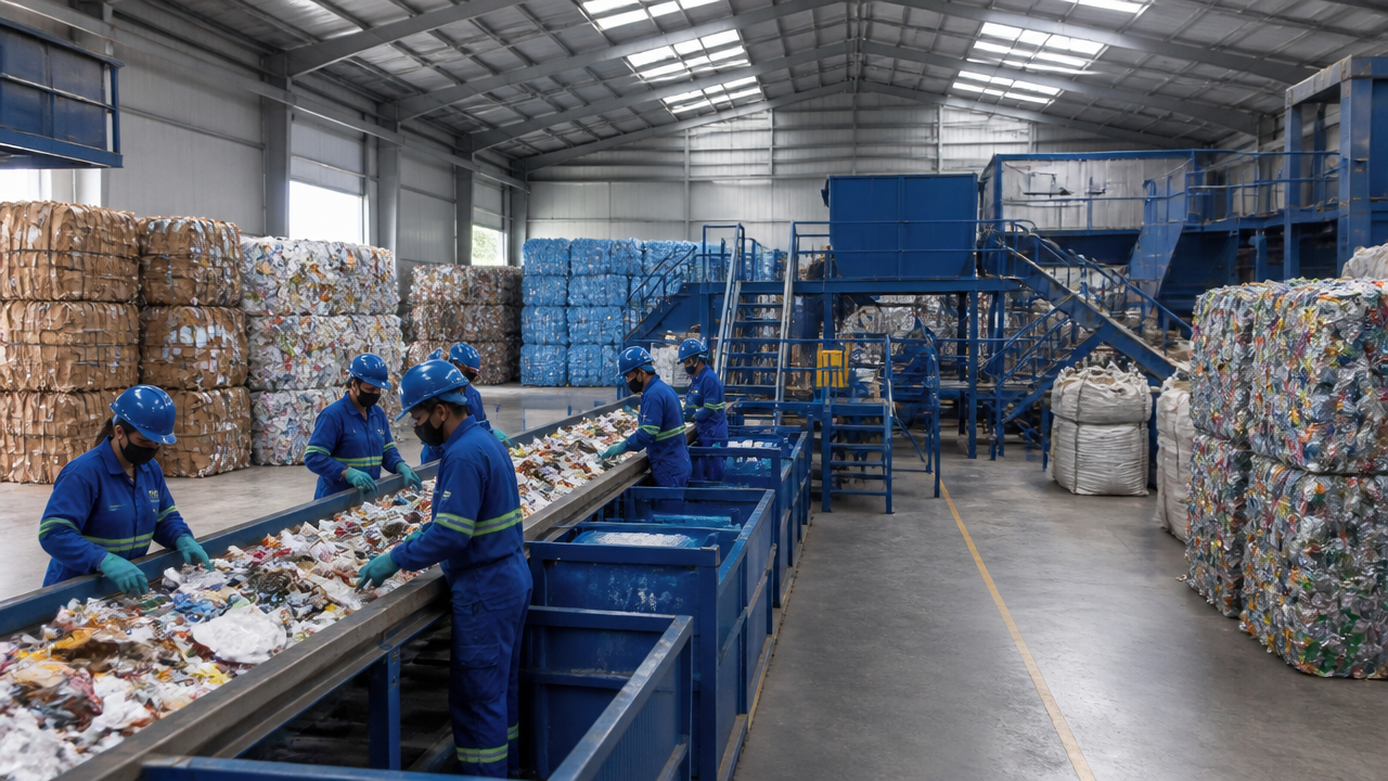 Centro de triagem de recicláveis com trabalhadores e fardos separados em galpão profissional