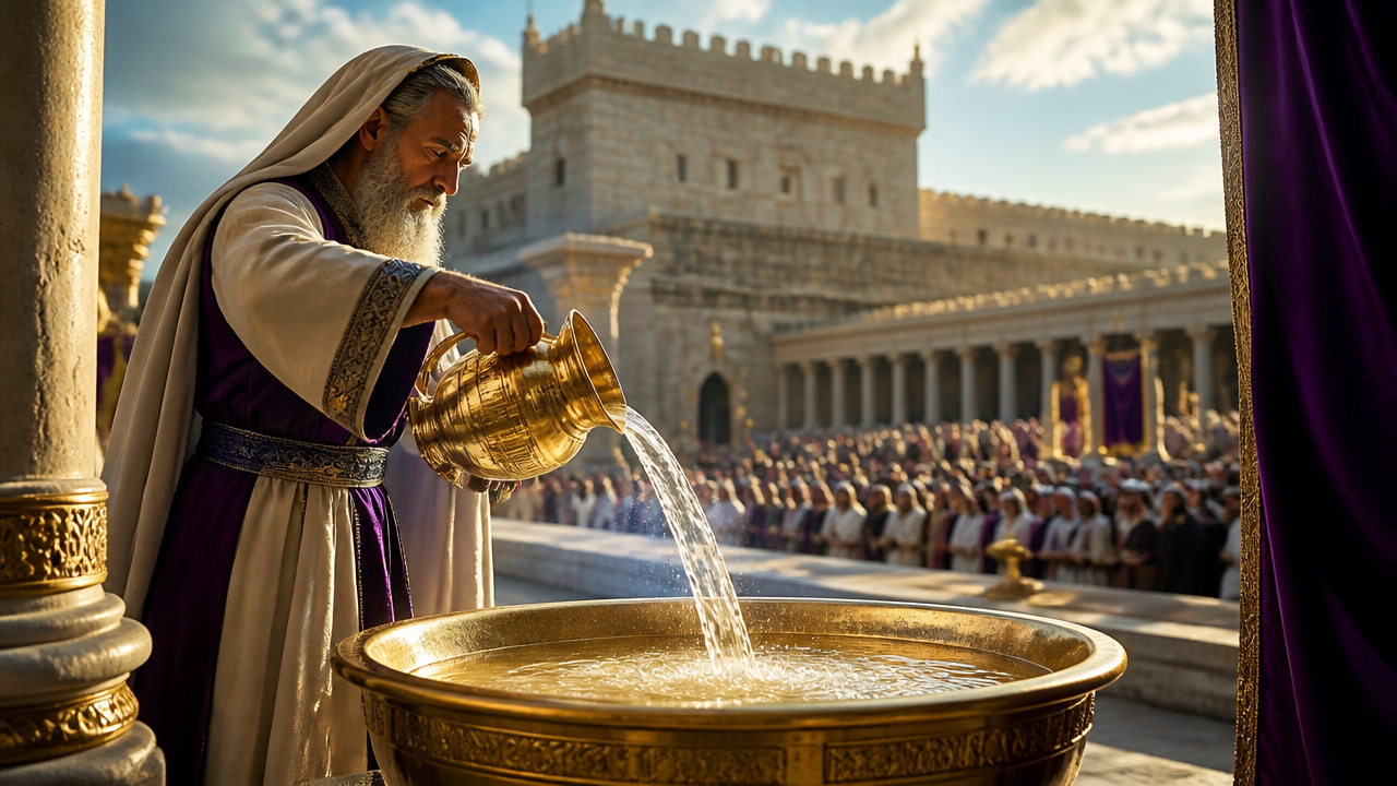 Cerimônia da água em Sucot com jarro derramando água no templo