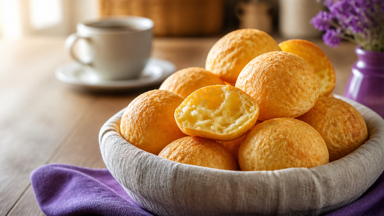 Cesta com pães de queijo dourados sobre mesa de madeira.