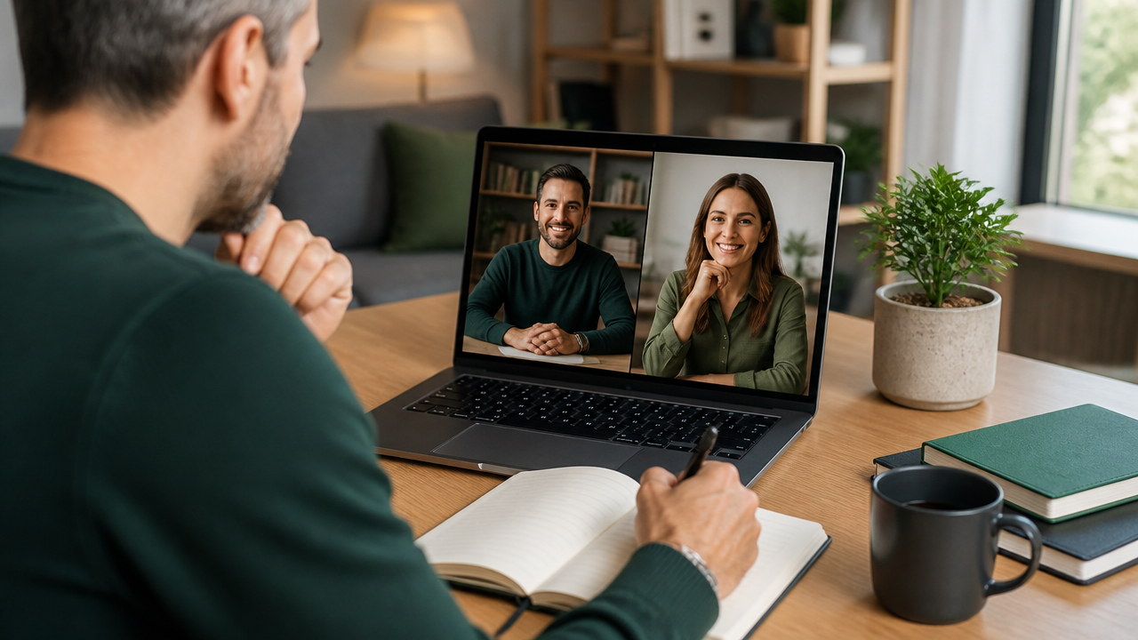 Chamada online de fechamento de mentoria com conversa leve e próxima etapa definida