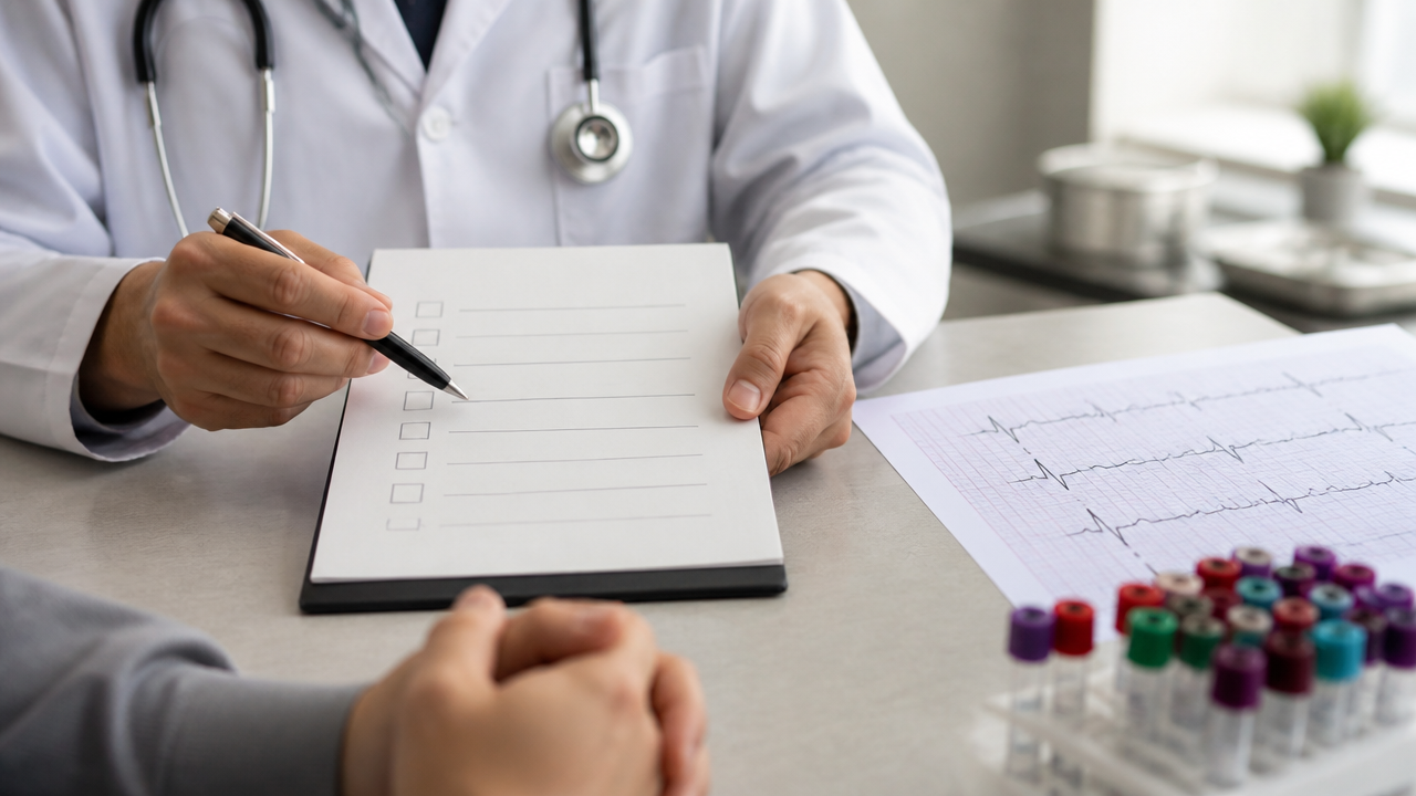 Checklist clínico ao lado de eletrocardiograma e exames laboratoriais em consultório