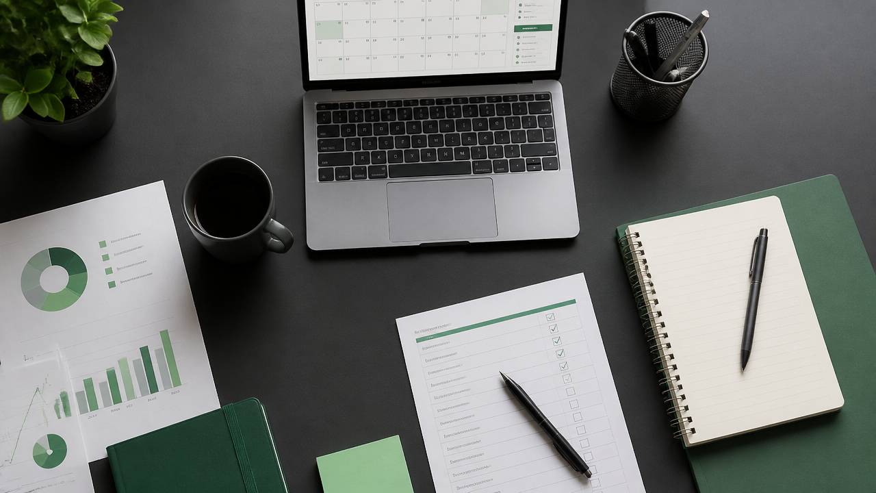 Checklist de avaliação de mentoria sobre uma mesa com notebook, metas e anotações organizadas.