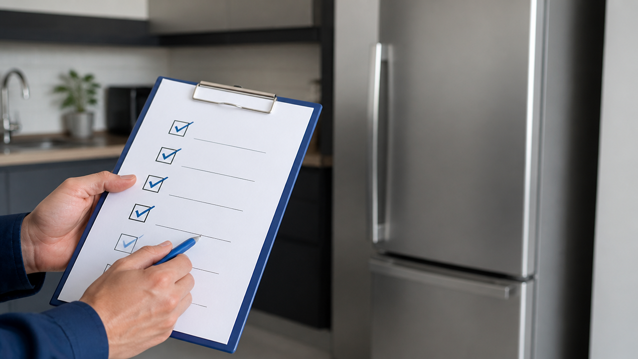 Checklist de avaliação técnica ao lado de geladeira em ambiente doméstico