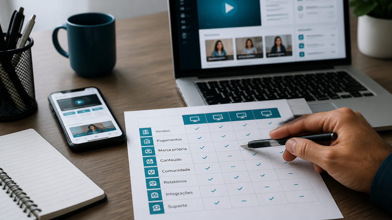 Checklist de comparação de plataforma de cursos online sobre a mesa ao lado de notebook e celular