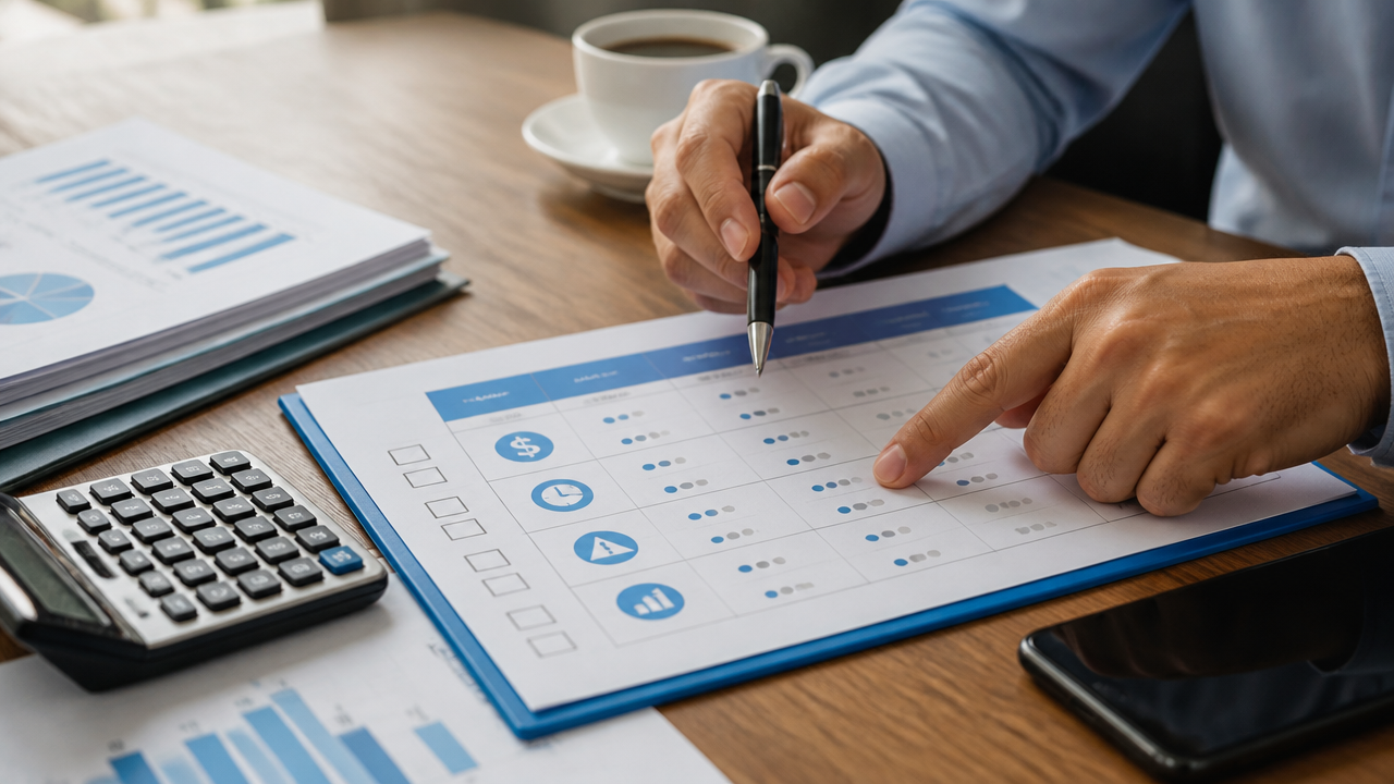 Checklist de comparação entre estratégias de recuperação de crédito sobre uma mesa