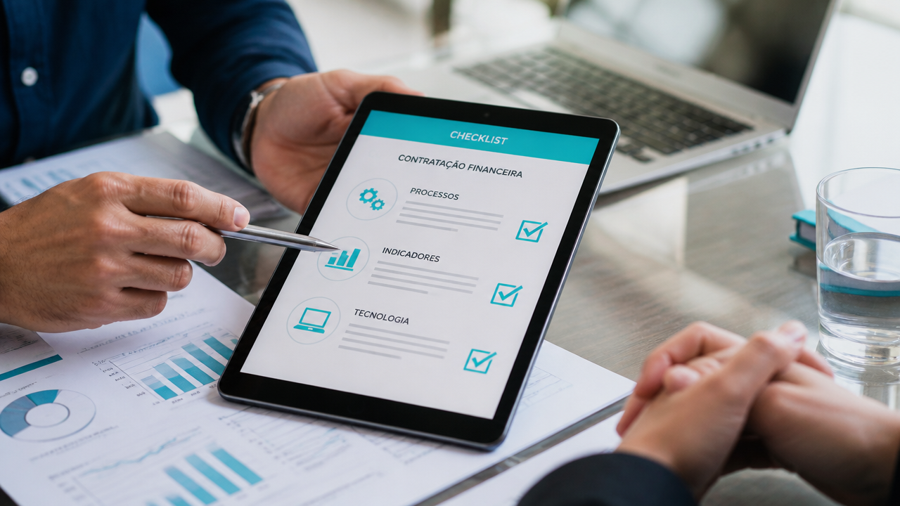 Checklist de critérios para escolher uma empresa de BPO Financeiro com documentos e tablet sobre a mesa.