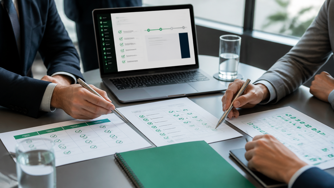 Checklist de critérios para escolher uma plataforma white label sobre a mesa de reunião