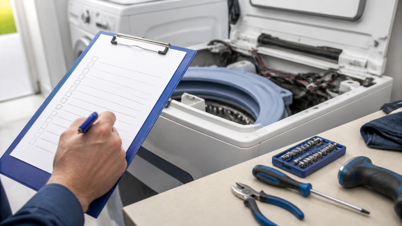 Checklist de diagnóstico ao lado de uma máquina de lavar em manutenção