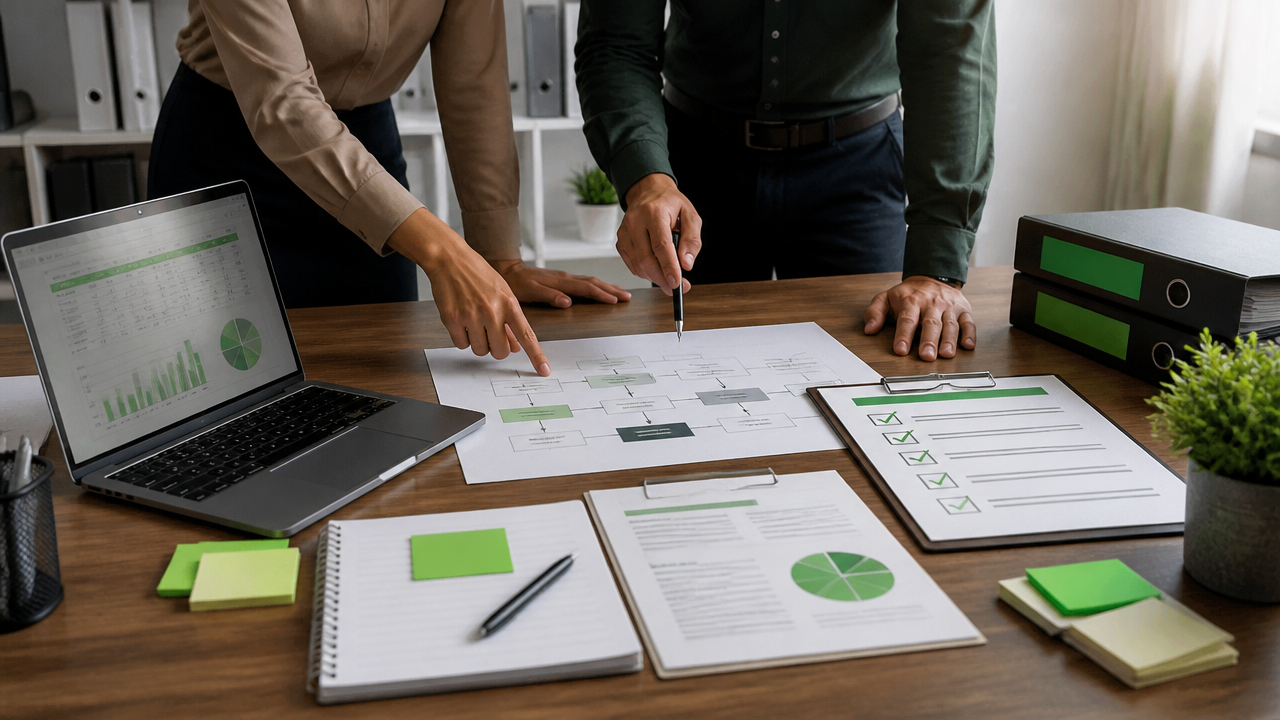 Checklist de implementação da ISO 9001 sobre mesa de trabalho em pequena empresa.