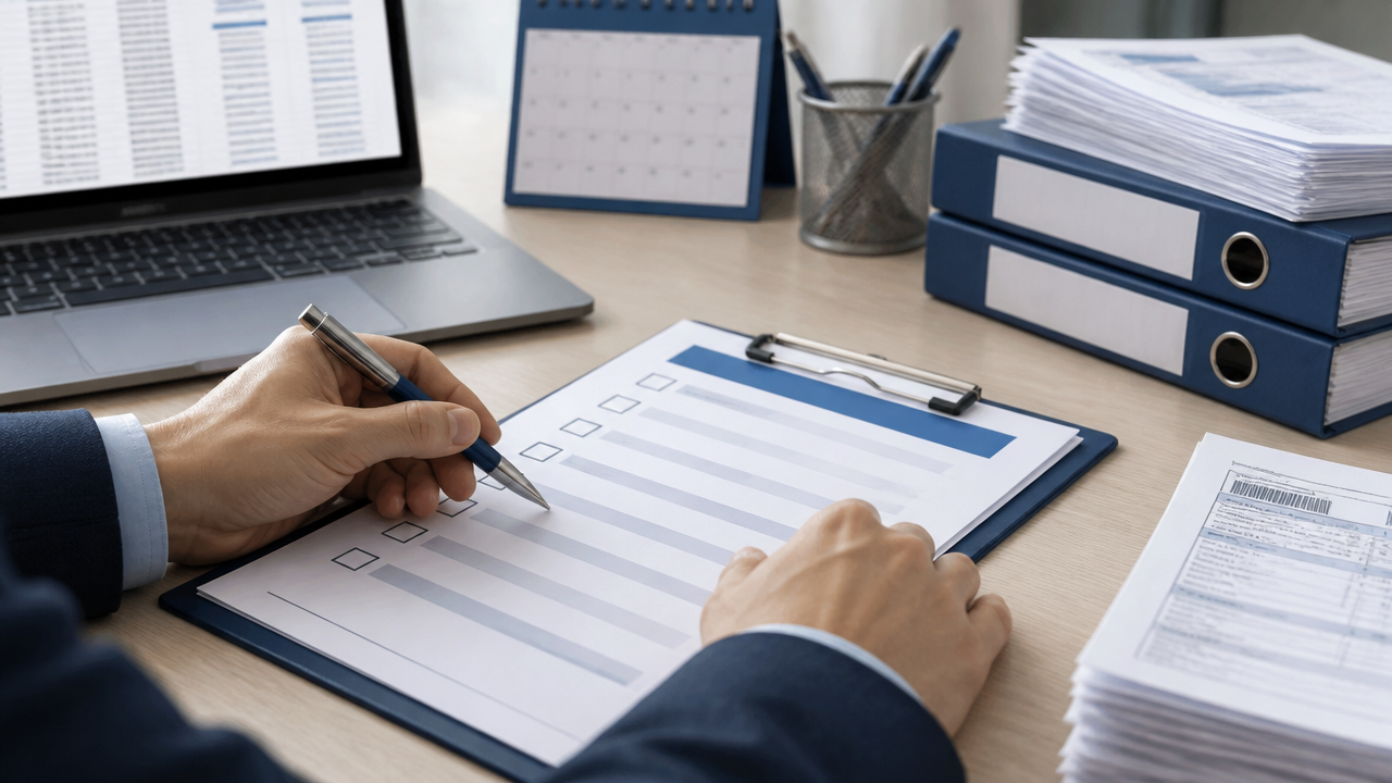 Checklist de implementação de compliance tributário sobre mesa de trabalho com documentos e notebook.
