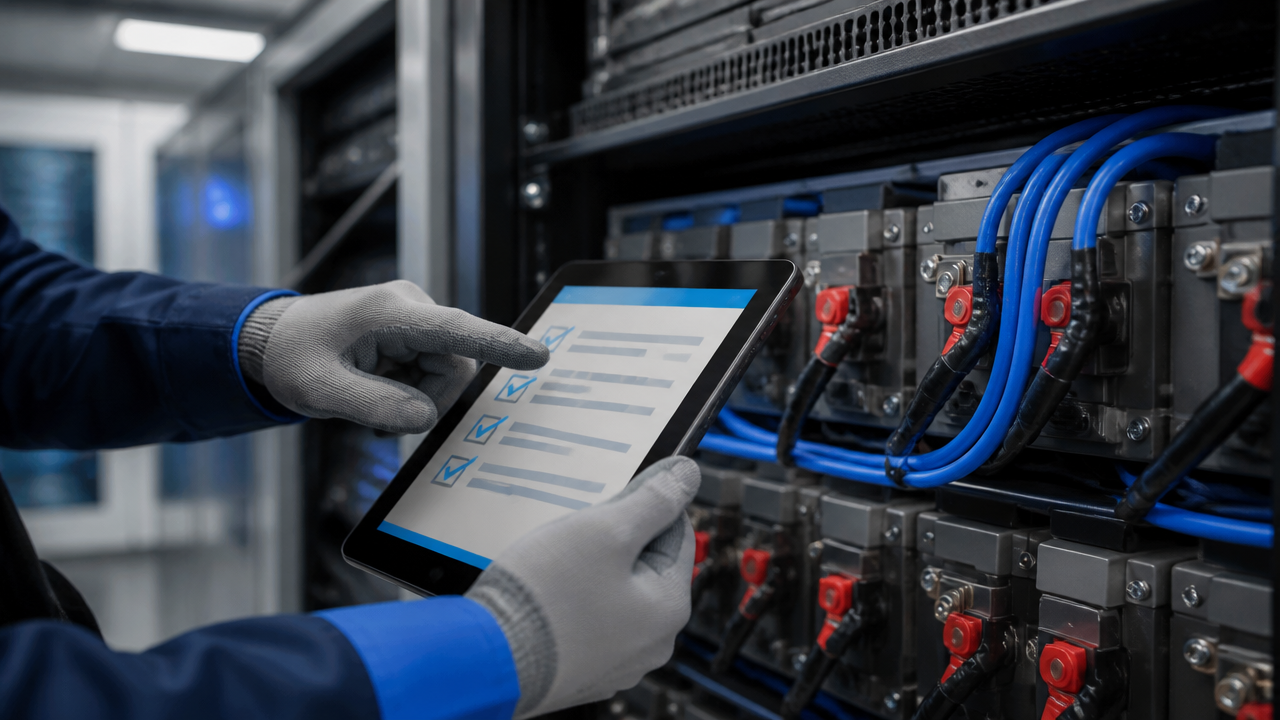 Checklist digital sendo usado na inspeção de baterias e nobreak em sala técnica