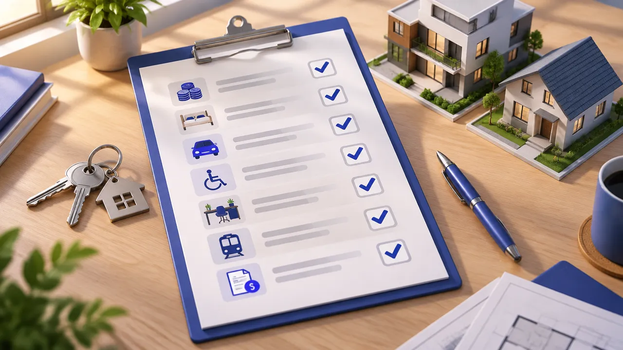 Checklist isométrico com critérios para comparar imóveis antes das visitas