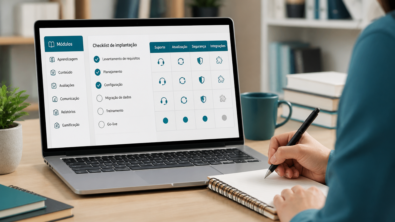 Checklist visual de critérios para avaliar hospedagem, suporte e segurança em uma plataforma Moodle