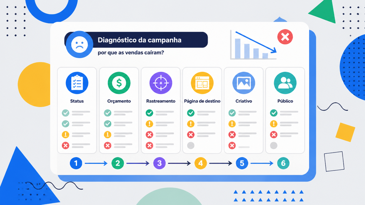 Checklist visual de diagnóstico para identificar por que uma campanha deixou de vender.