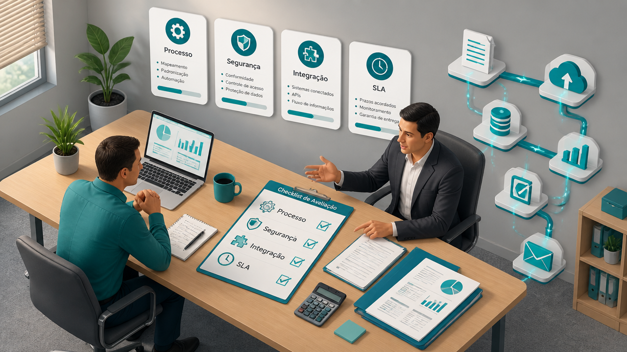 Checklist visual para avaliar processo, segurança e tecnologia de um BPO Financeiro com IA