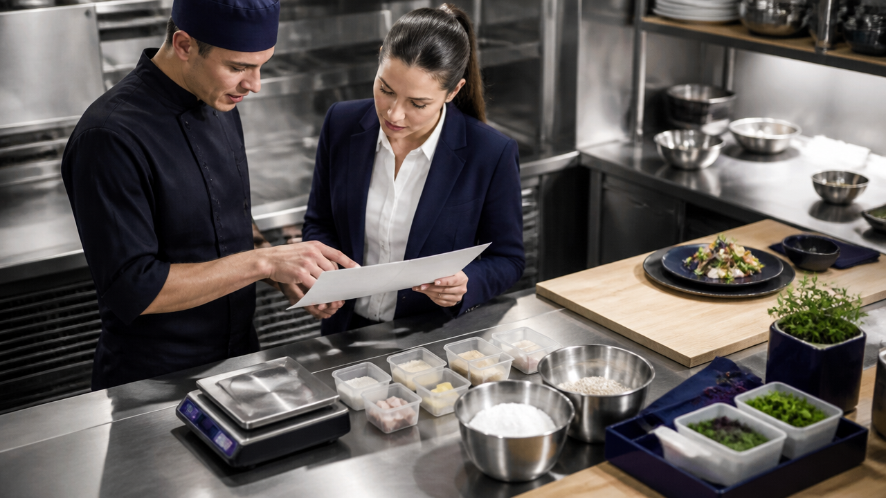 Chef e gerente analisando ficha técnica com ingredientes porcionados em cozinha profissional