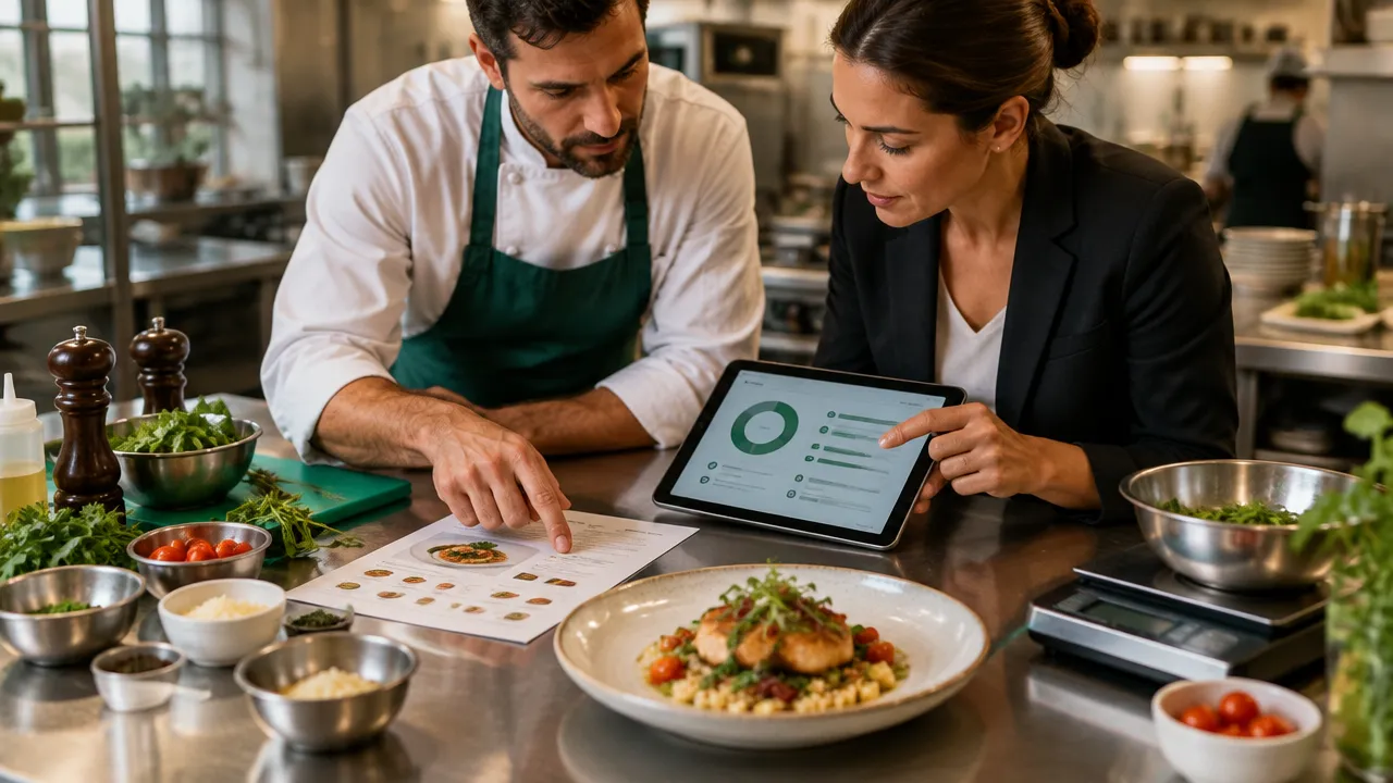 Chef e gerente conferem uma ficha de receita e custos em um tablet para testar preços