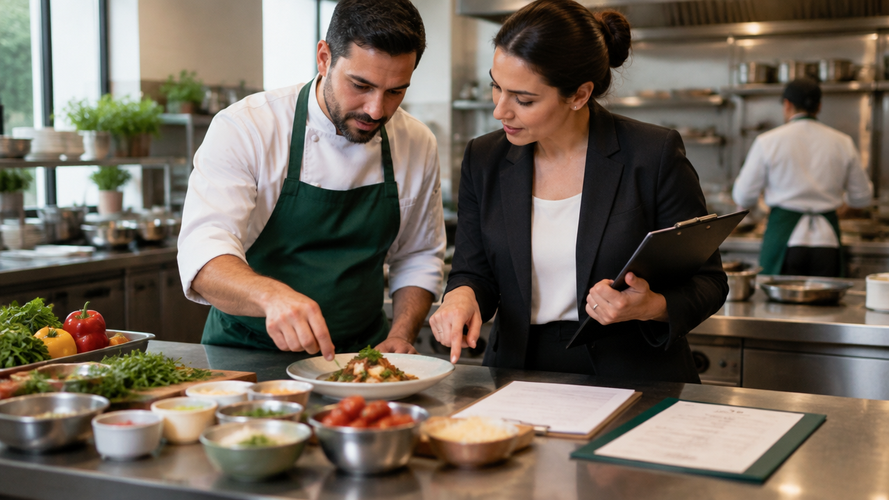 Chef e gerente revisam ingredientes e ficha de receita ao planejar os pratos do cardápio