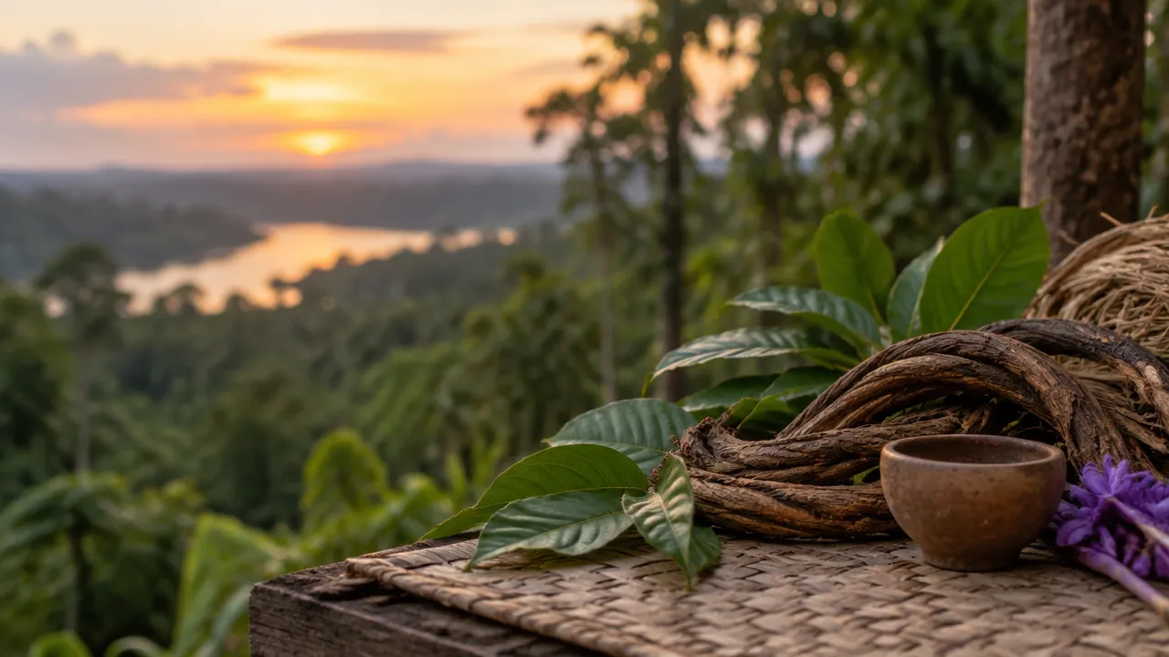Cipó, folhas e uma cuia artesanal diante da floresta, ilustrando o contexto cultural dos usos tradicionais da ayahuasca.