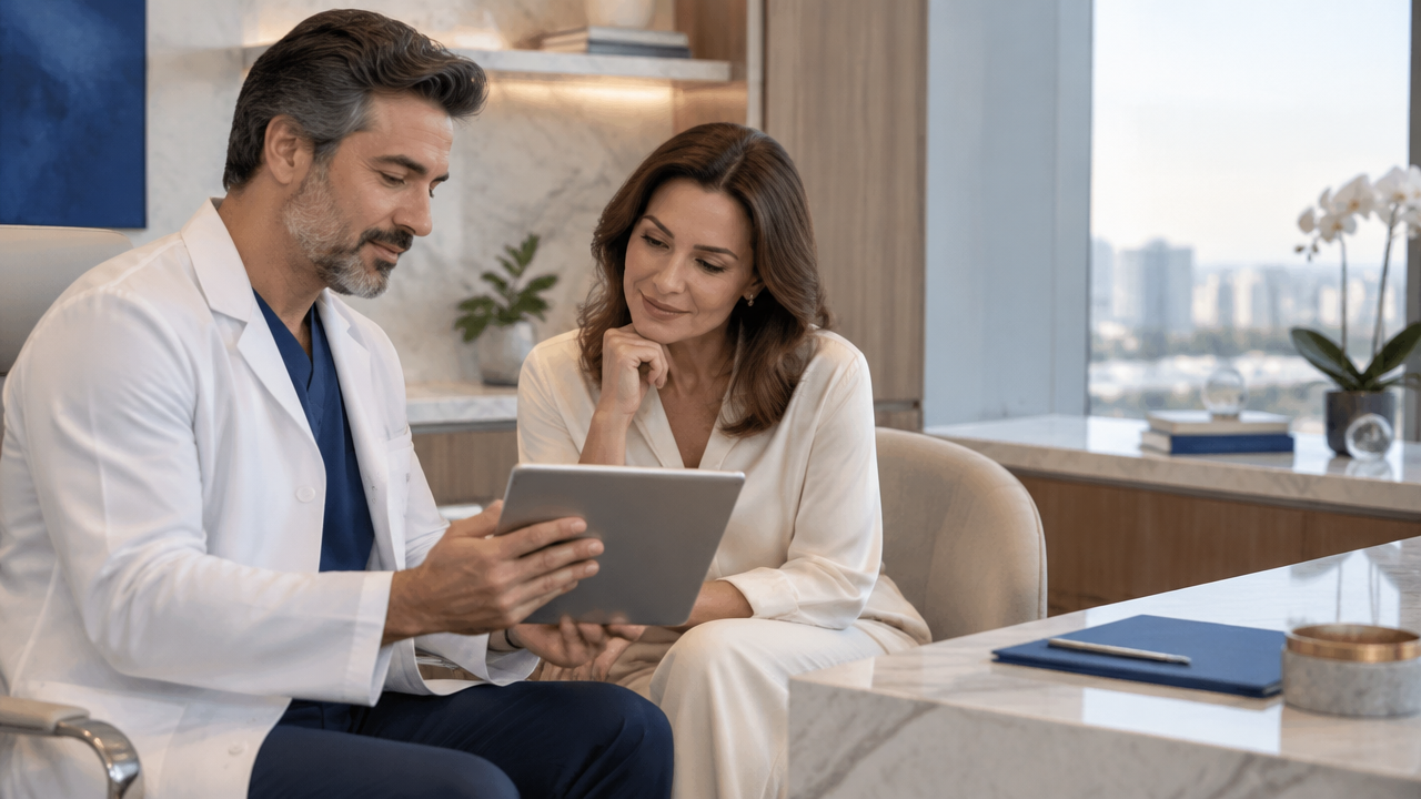 Cirurgiã conversa com uma paciente e revisa conteúdo informativo em tablet, ilustrando a comunicação responsável sobre blefaroplastia.