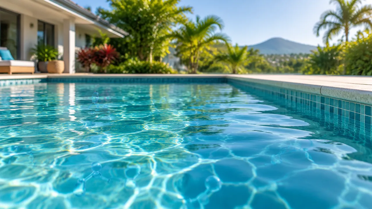 Clear Australian backyard pool water illustrating how chlorine forms the active sanitiser hypochlorous acid