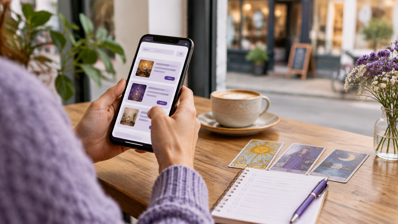 Client comparing local tarot reader options and session details on a phone