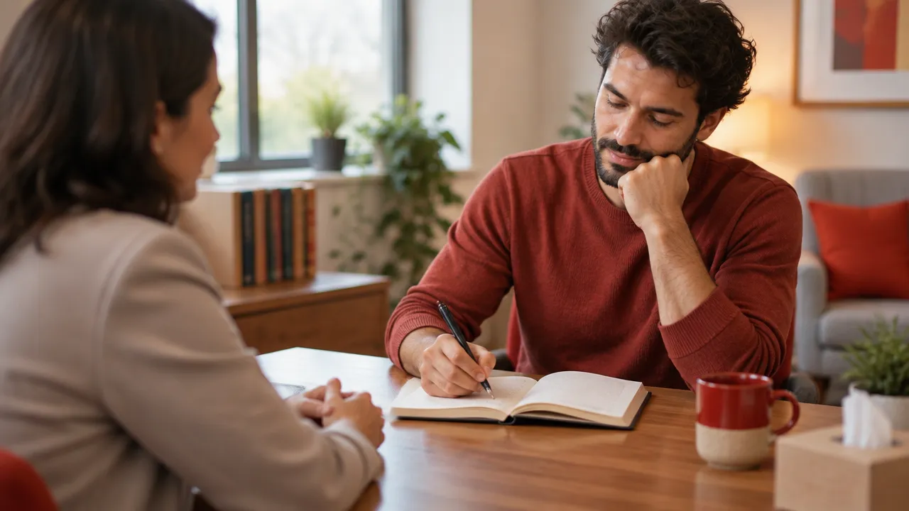 Client reflecting in a notebook during a collaborative values-focused therapy conversation