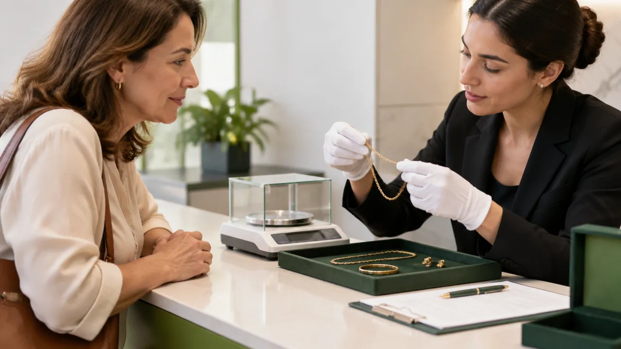 Cliente acompanha a avaliação de joias de ouro em um atendimento transparente