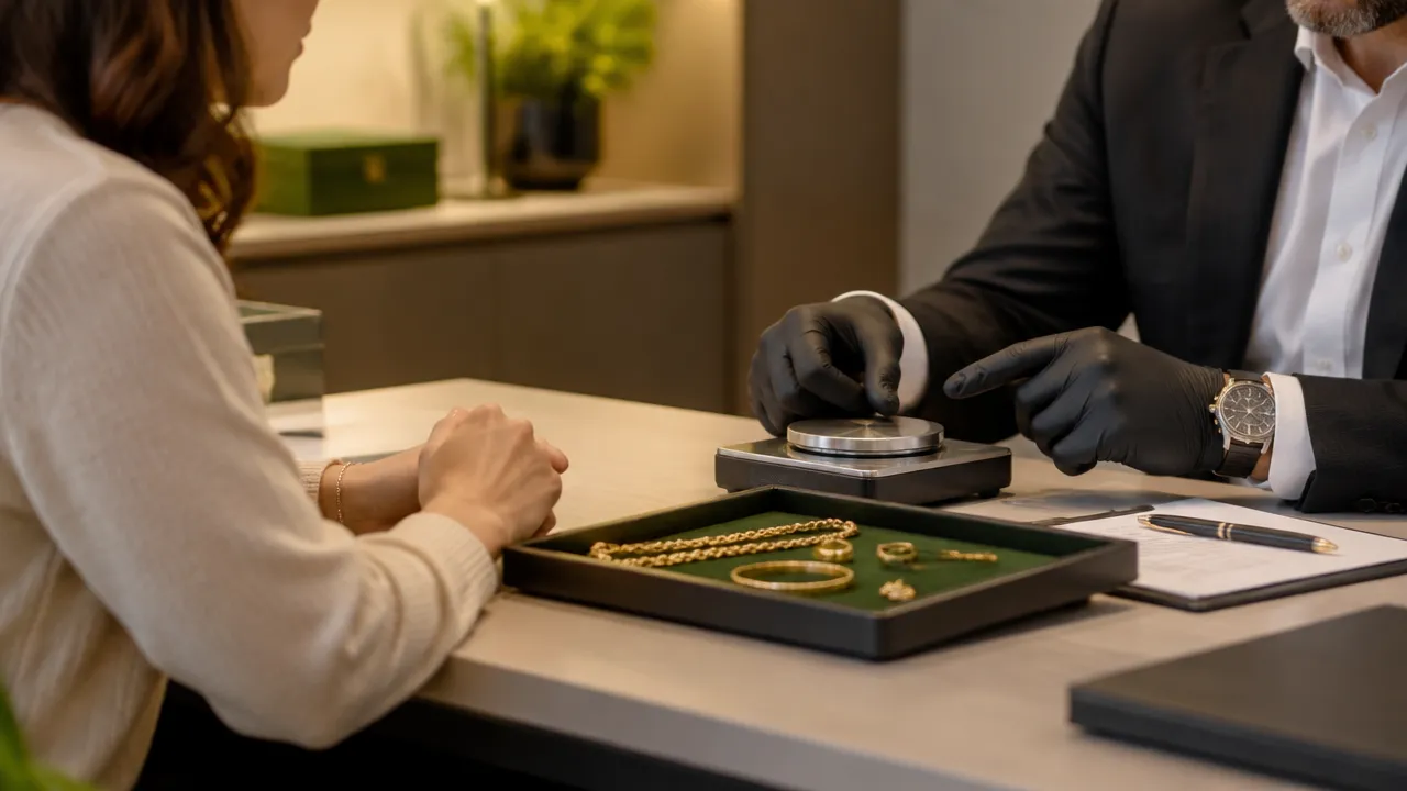 Cliente acompanha avaliação transparente de joias de ouro em atendimento reservado