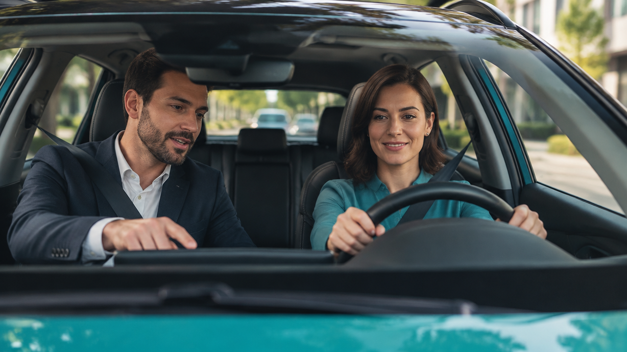 Cliente ao volante durante um test drive acompanhado por vendedor consultivo