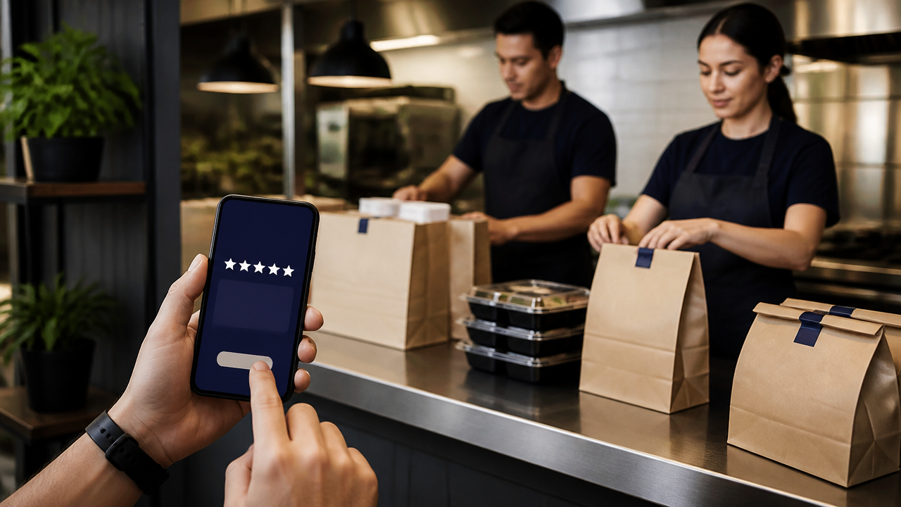 Cliente avaliando um pedido de delivery no celular enquanto o restaurante prepara entregas ao fundo