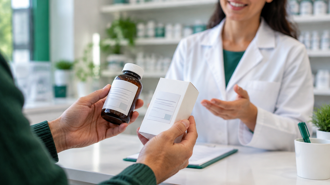 Cliente confere a etiqueta e a validade de um frasco de medicamento manipulado com apoio farmacêutico