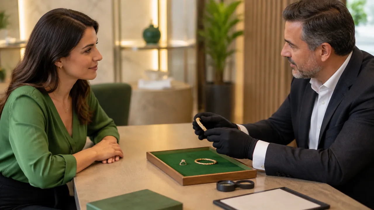 Cliente conversa com avaliador sobre uma oferta por joias de ouro em atendimento reservado