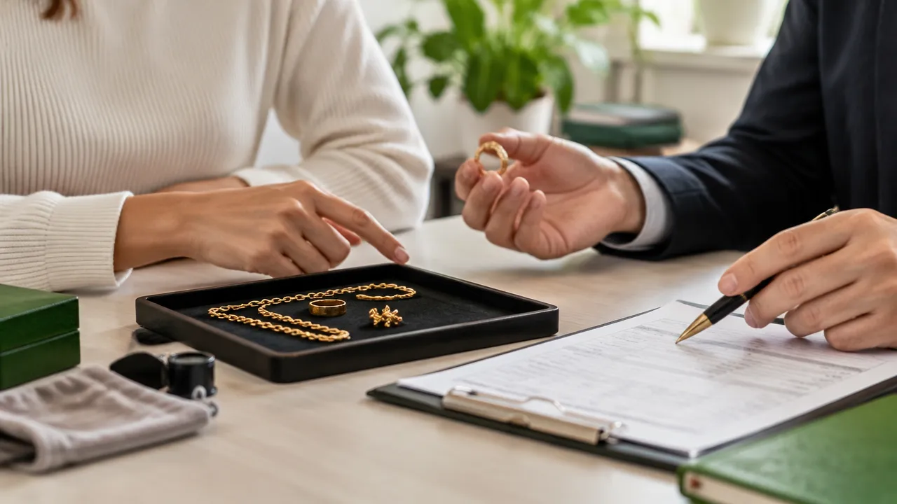 Cliente conversa com avaliador sobre uma proposta de compra de joia de ouro