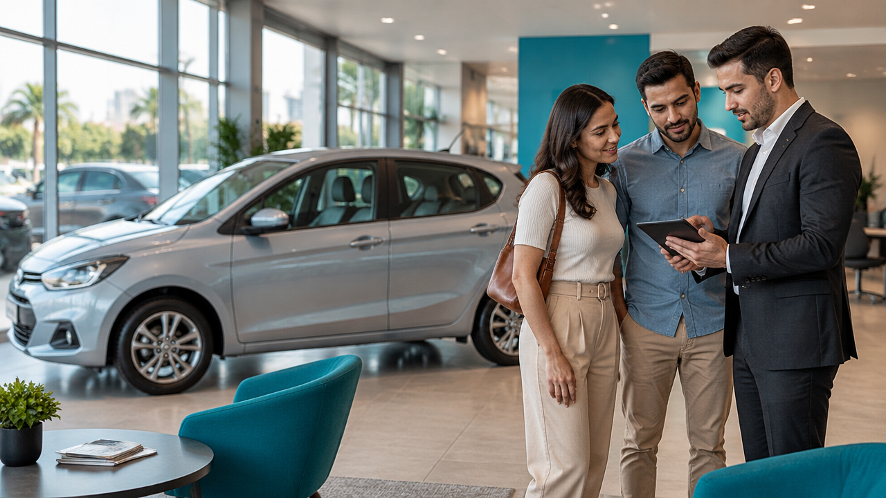Cliente conversa com consultor sobre financiamento de um carro em uma concessionária