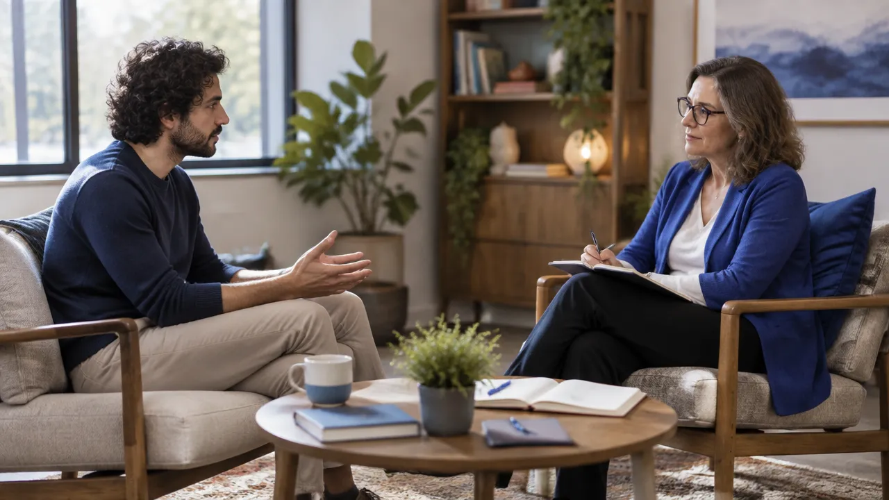 Cliente conversa com terapeuta em consultório acolhedor sobre valores e escolhas